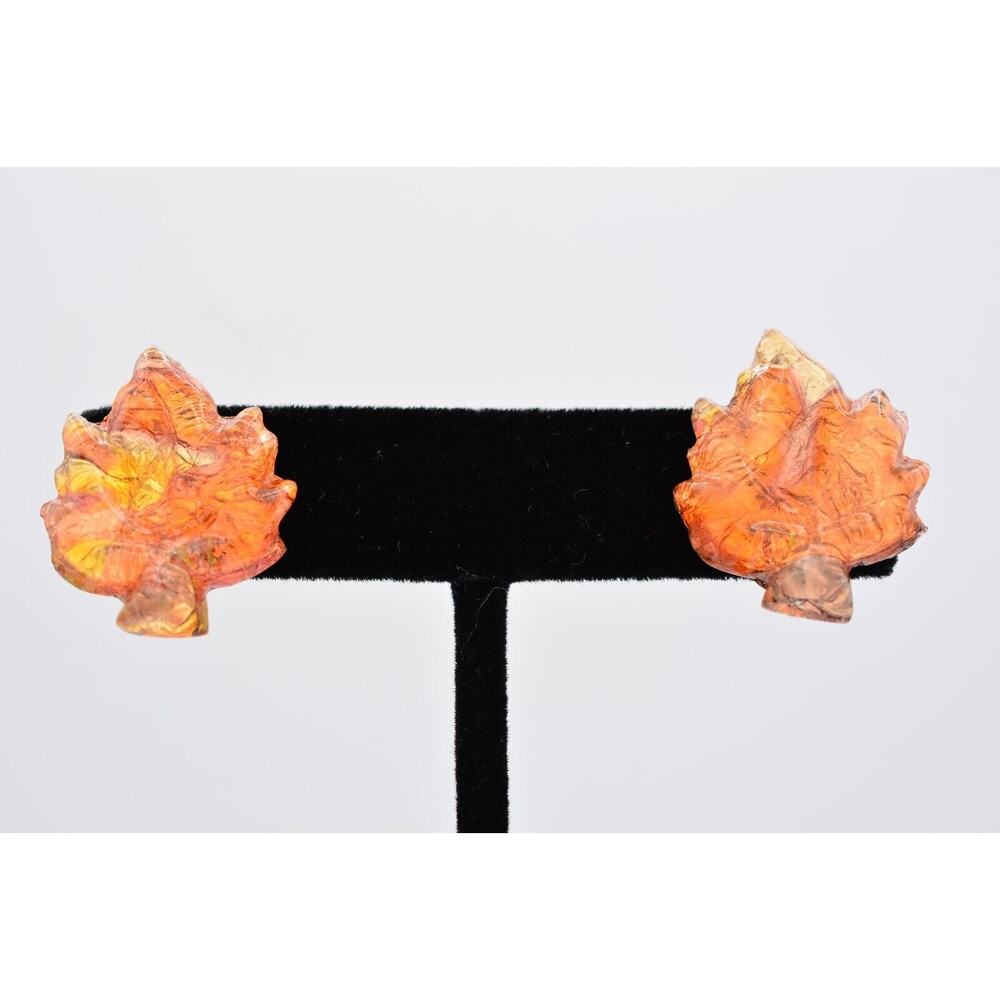 Vintage Leaf Clip Earrings Resin Foil Metallic Orange Yellow Autumn Fall BinAE